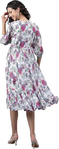 Vista 8 de Janasya Vestido acampanado con estampado digital Georgette blanco para mujer
