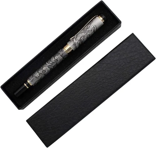 Vista 2 de Ancient Silver Jinhao Dragon - Juego de plumas estilográficas ejecutivas de punta fina, colección de bolígrafos vintage, bolígrafo de negocios