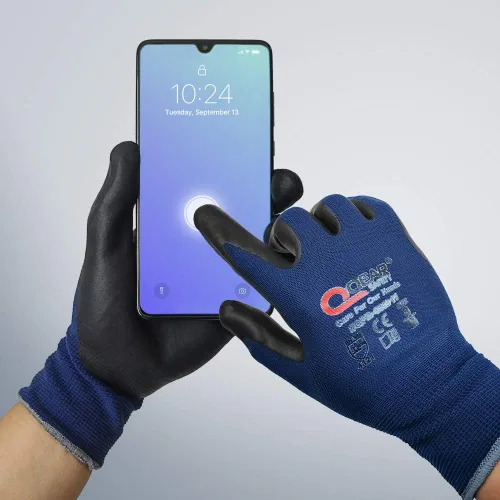 Vista 3 de Paquete de 3 pares de guantes de seguridad de trabajo táctiles de color azul marino, espuma de nitrilo recubiertos, uso general, trabajo mecánico