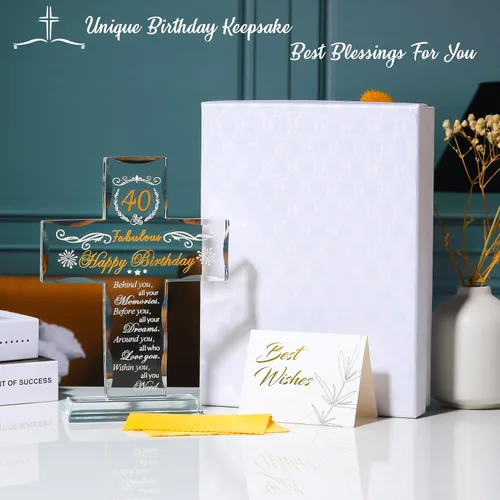 Vista 4 de Regalos de 40 cumpleaños para mujeres y hombres, soporte de cruz de vidrio grabado con 40 y fabulosos regalos religiosos para ella, ideas de regalos