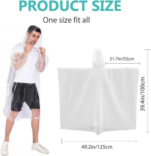 Vista 5 de Ponchos de lluvia desechables para adultos, plástico impermeable y capucha con cordón, transparente