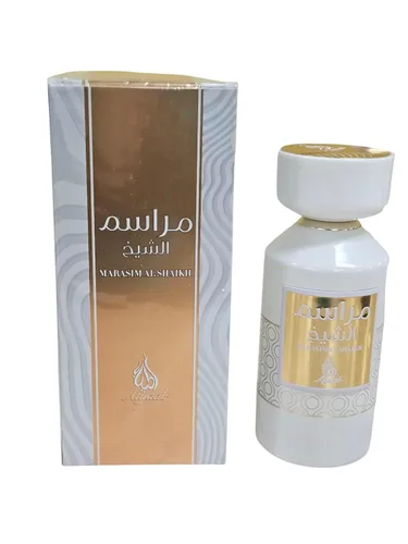Vista 3 de KHADLAJ PERFUMES Marasim Al Shaikh Perfume árabe de lujo, botella de vidrio blanco y dorado, fragancia premium de Oriente Medio