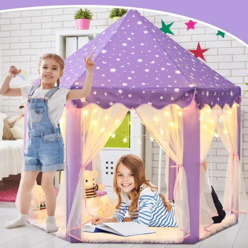 Vista 4 de Tienda de campaña de princesa púrpura para niñas, tienda de campaña para niños con luces LED de estrellas pequeñas, tienda de casa