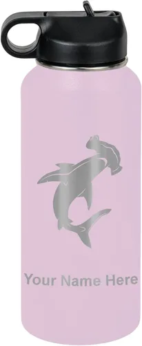 Vista 26 de LaserGram Botella de agua personalizada, tiburón martillo, acero inoxidable de doble pared aislada al vacío con popote superior, regalo grabado