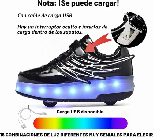 Vista 3 de Zapatos de patinaje LED para niños y niñas, tenis con ruedas desmontables y recargables intermitentes Negro