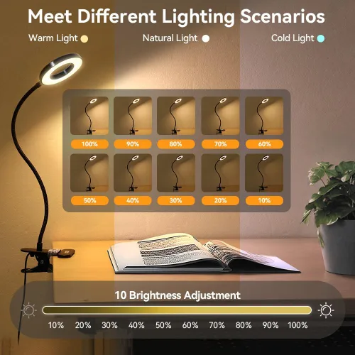 Vista 2 de Skymore Luz de escritorio con clip, [3 modos de color y 10 brillo] Luz de lectura LED con abrazadera, luz de libro de cuello de cisne flexible