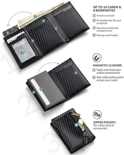 Vista 3 de SXNBH - Tarjetero de cuero genuino con bloqueo RFID, billetera plegable para hombre con compartimento para monedas y compartimento para billetes