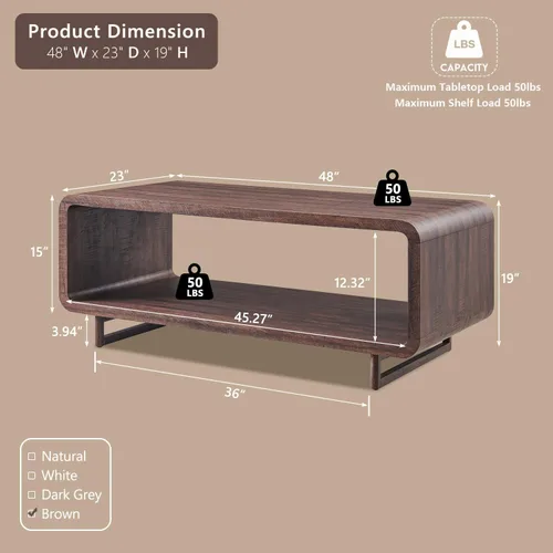 Vista 2 de IFGET Mesa de Centro Moderna de 48", Mesa Central Minimalista de 2 Niveles con Estante de Almacenamiento, Diseño de Perfil Curvo, Mesa Rectangular