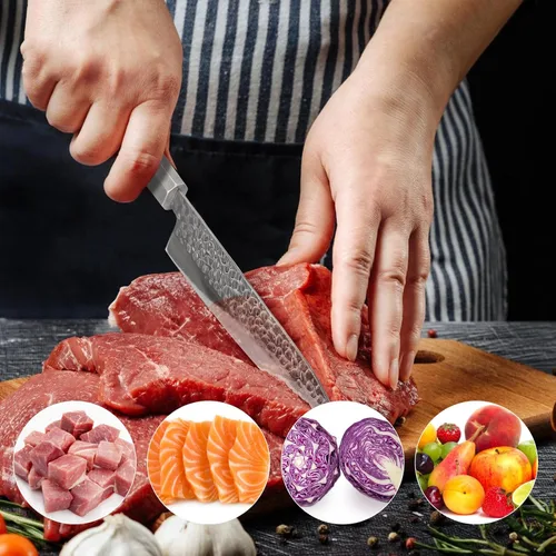 Vista 5 de Cuchillo de chef japonés de 8 pulgadas, cuchillo de chef profesional ultra afilado, cuchillo de cocina japonés de 9 capas VG-10 revestido, cuchillo