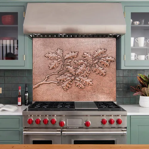 Vista 5 de Protector contra salpicaduras de cocina, ramas de roble y bellotas de cobre, panel de cobre personalizado, azulejos de cobre hechos a mano