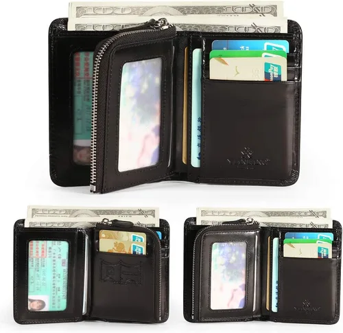 Vista 22 de Billetera para hombre con cremallera de cuero genuino RFID tarjeteros de piel de vaca con cremallera bolsillo para monedas, carteras plegables