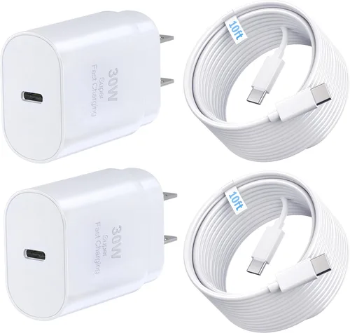 Vista 12 de TT&C - Cargador rápido USB C de 30 W con cables de 10 pies y 6.6 pies para iPhone 17, 16, 15 PD 3.0 Kit de bloque de pared compatible con iPhone