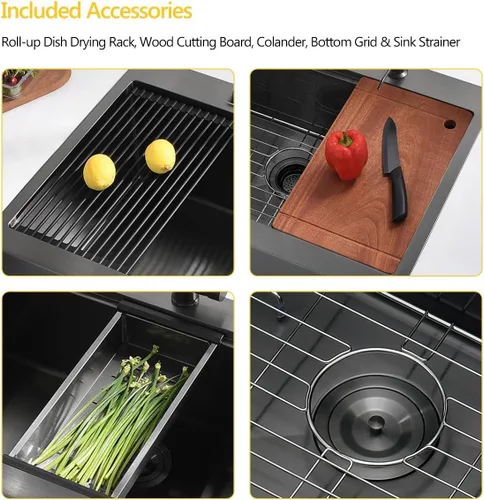 Vista 6 de Luckyhorse LH008SZ - Fregadero de cocina negro de 28 x 22 pulgadas con caída en la parte superior, estación de trabajo, fregadero de cocina