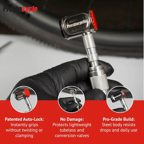 Vista 4 de Prestacycle Pro Presta Head - Cabezal de bomba de neumático de bicicleta con bloqueo automático para válvulas sin cámara y Presta, diseño de acero