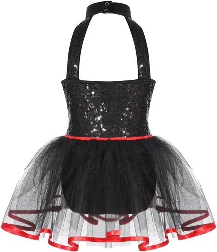 Vista 2 de TTAO Disfraz de payaso para niñas, vestido de bufón halter blanco y negro, para bailar, leotardo