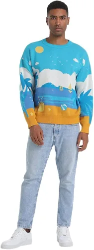 Vista 5 de SINAR Men's Casual Oversized Knit Sweater Crew Neck Long Sleeve Knitwear Unisex Cotton Jumper Pullover Knitted Sweater
