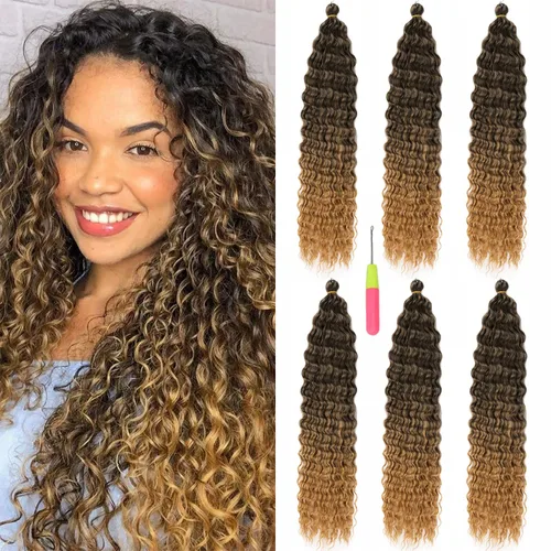 Vista 18 de Extensiones de cabello ondulado con ganchillo Ocean Wave de 18 pulgadas, 6 paquetes, extensiones de cabello de ganchillo sueltas de onda profunda #1B