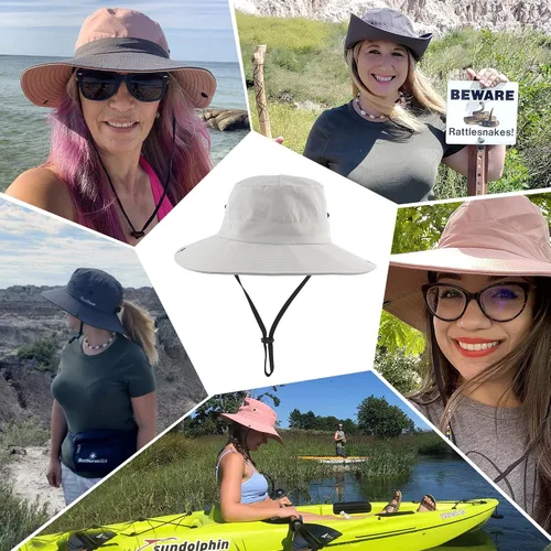 Vista 7 de Sombrero de verano para mujer, ala ancha, protección UV, plegable, para cola de caballo, para playa, pesca, senderismo Beige