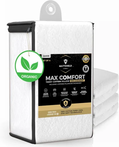 Vista 8 de MATTSHIELD Max Comfort - Juego de 4 protectores de almohada, estándar, con cremallera, 100% impermeables, superficie de rizo de algodón orgánico