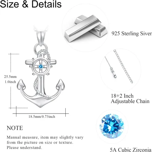 Vista 2 de Cuoka Collar con colgante de ancla de plata de ley, joyería náutica marinera para mujer