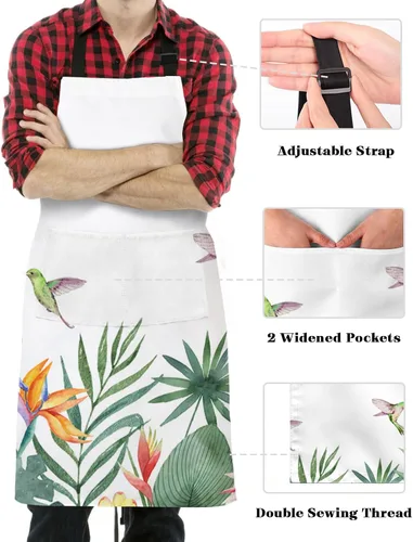 Vista 3 de Pastoral Botanical Bib Aprons with Pockets Waterproof, Adjustable Apron for Men Women Summer Tropical Palm Leaves Birds
