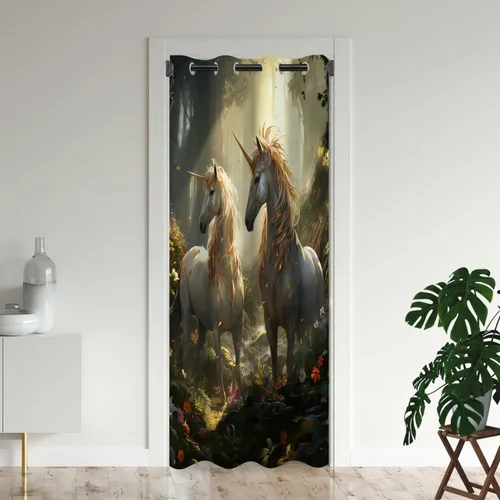 Vista 10 de Cortinas opacas de animales de fantasía para puertas, unicornio encantado, cortina opaca para armario de dormitorio de niños, aislamiento térmico