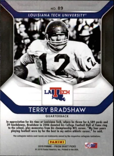 Vista 2 de 2019 Panini Prizm Draft Picks #89 Terry Bradshaw Louisiana Tech Bulldogs Football Card