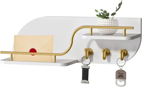 Vista 10 de Soporte para llaves de pared, organizador decorativo de llaves y correo con 3 ganchos de metal y 2 estantes, estante de llaves de madera montado