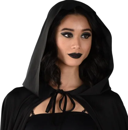 Vista 4 de Capa larga con capucha negra Estándar para adultos (paquete de 1) Lujosa tela suave perfecta para Halloween, cosplay, disfraces y eventos