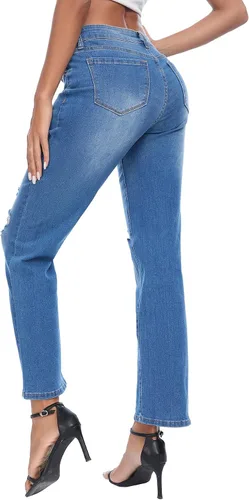 Vista 3 de Jeans para mujer, rasgados de cintura media, jeans estilo boyfriend, pierna recta, elásticos, desgastados, jeans para mamá con agujero