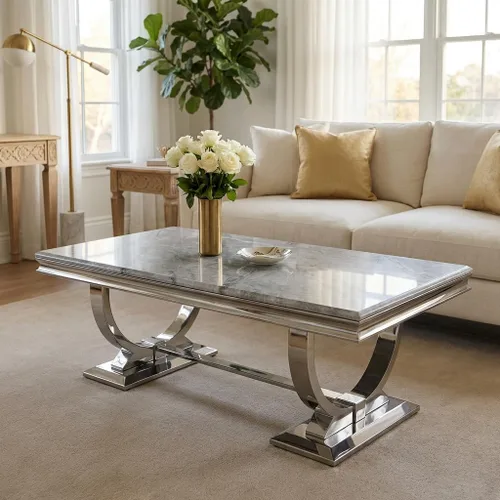 Vista 6 de Asday Mesa de centro plateada, mesa rectangular gris para sala de estar con base en U de metal espejo plateado, mesa de centro para sala de estar