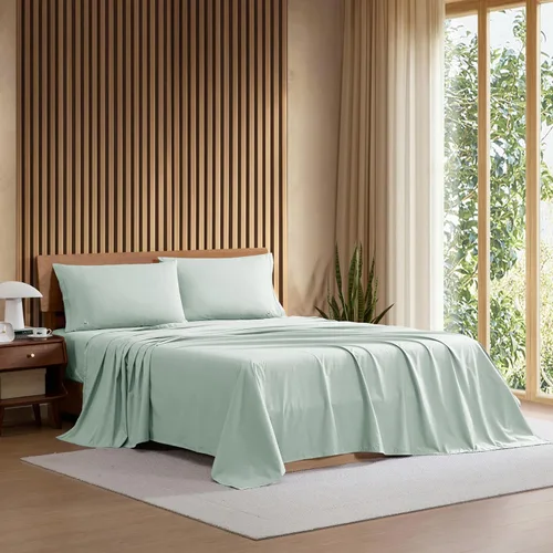 Vista 22 de Lacoste Juego de sábanas de 3 piezas 100% percal de algodón, frescas, crujientes, mate y duraderas, con certificación Oeko-Tex, color liso, azul