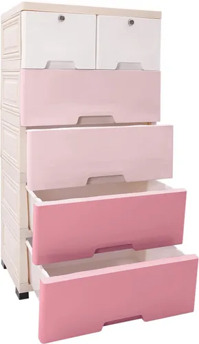 Vista 5 de Cajones de plástico, gabinete de almacenamiento de 5 niveles, torre de 6 cajones con ruedas y llaves, estante organizador de almacenamiento, armario