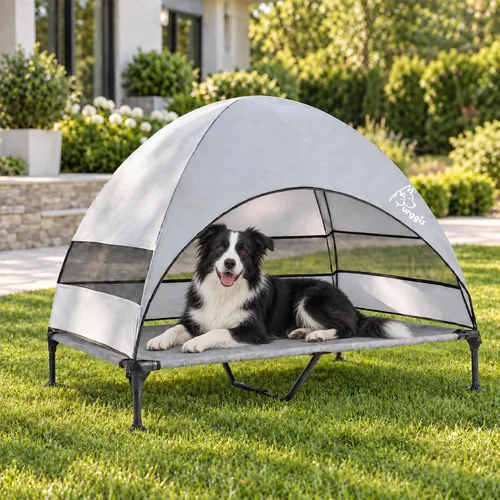 Vista 12 de Cama elevada mejorada para perros con toldo, cama elevada portátil para perros al aire libre con pies antideslizantes estables, cama para mascotas