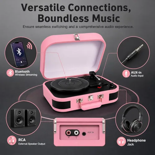 Vista 10 de Vintage Suitcase - Tocadiscos portátil Bluetooth de 3 velocidades con altavoces integrados, para discos de vinilo de 7/10/12 pulgadas (rosa)