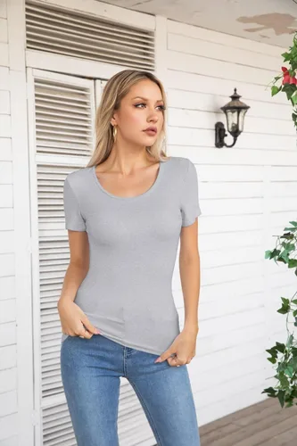 Vista 2 de VICHYIE Camisas de verano para mujer, cuello redondo, manga corta, acanaladas, ajustadas, casuales, básicas