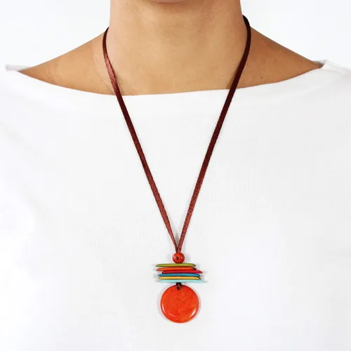 Vista 2 de Tagua Pendant Necklace in Orange, Handmade, Fair Trade, Adjustable by Florama Natural Jewelry