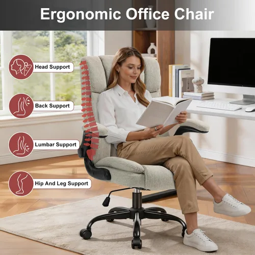 Vista 3 de Silla de oficina con respaldo alto, ergonómica, ejecutiva, silla de escritorio para computadora, cómoda tela, acolchada, sillas de escritorio