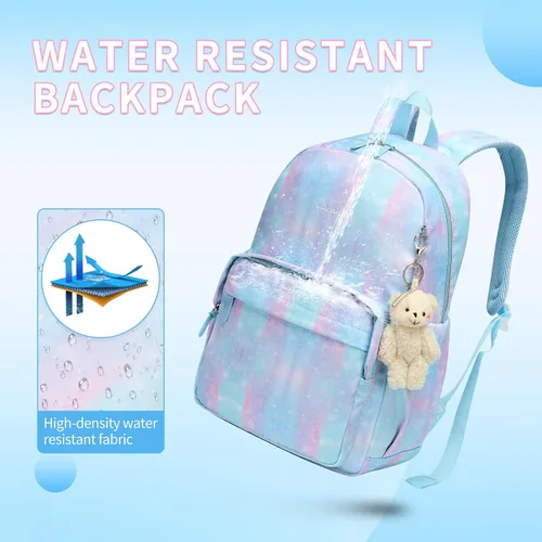 Vista 7 de Mochila para niños, mochila escolar clásica para niñas y niños, ligera, dos tamaños, multibolsillo, azul aguamarina