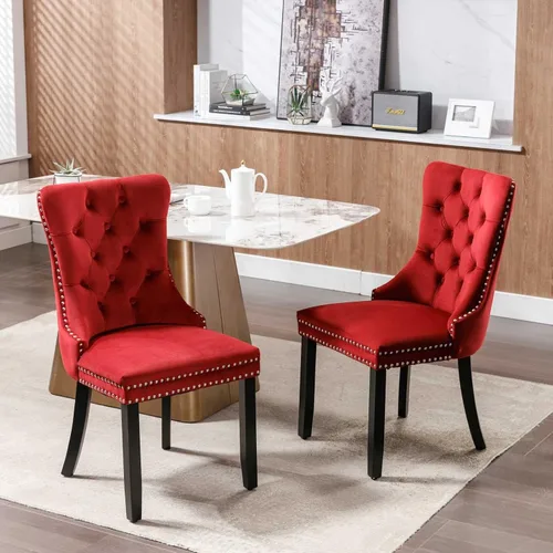 Vista 9 de Juego de 2 sillas de comedor con respaldo de ala de terciopelo copetudo, sillas laterales tapizadas, patas de madera maciza (beige)