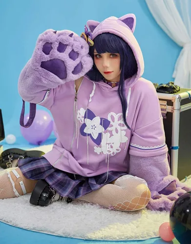 Vista 3 de Cosplay.fm Disfraz de anime para mujer, sudadera con capucha con bolsa desmontable, guantes de pata de gato, sudadera con capucha