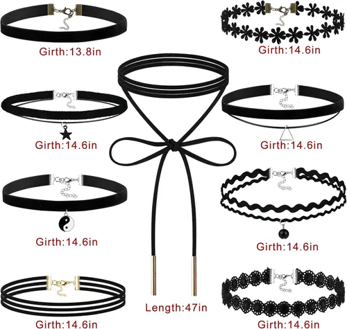 Vista 2 de Conjunto de collares gargantillas Outee, 9 piezas, color negro, gargantillas tatuaje de encaje para mujer