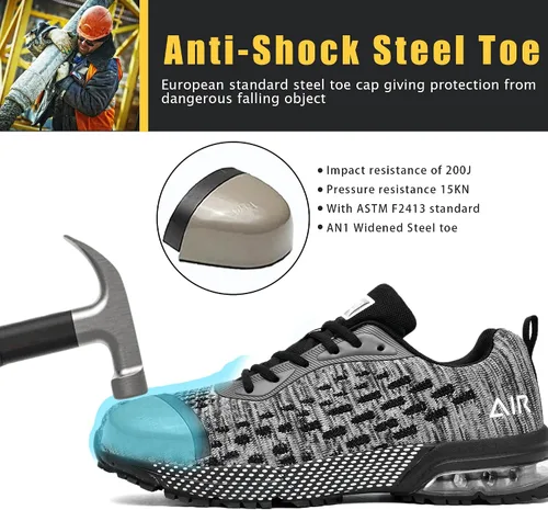 Vista 2 de HiHatide - Zapatos con punta de acero para hombre, zapatos de trabajo, zapatos de seguridad, con amortiguación de aire, ligeros, antideslizantes