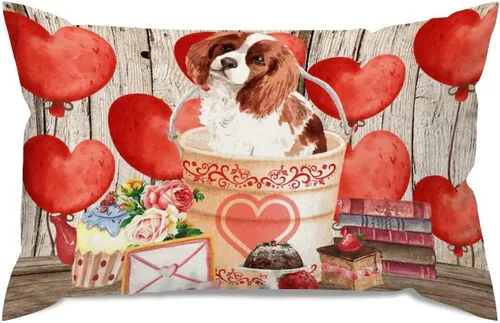 Vista 81 de Fundas de almohada lumbar con textura de madera rústica para perro en cubo, diseño de corazón rojo para el día de San Valentín, fundas de almohada