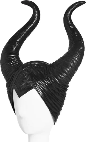 Vista 3 de MostaShow Sombrero de cuernos de reina para mujer disfraz de Halloween diadema negra de cuernos largos