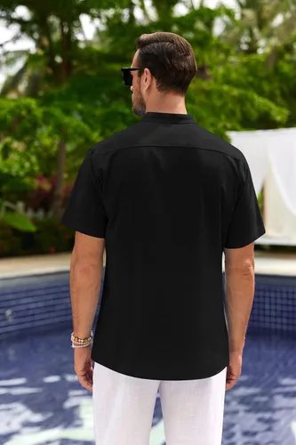 Vista 4 de PASLTER Camisa Henley de algodón y lino para hombre, de manga corta, estilo hippie, informal, para la playa