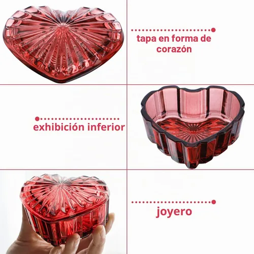 Vista 8 de Joyero en forma de corazón de cristal, caja decorativa de cristal con tapa Borgoña