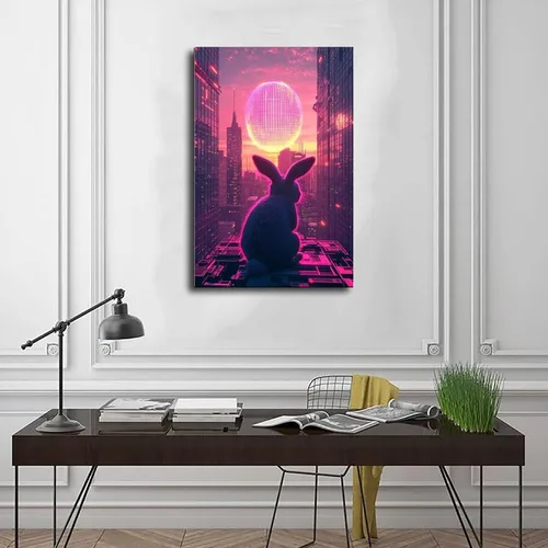 Vista 3 de Retro Futuristic Easter Wall Art – Neon Bunny with Cyber Egg – Synthwave 80s Sci-Fi Cityscape Poster – Unique Easter Decor & Gift for Vaporwave Fans