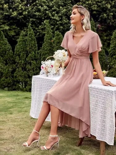 Vista 4 de UZN Vestidos de dama de honor para mujer, cuello en V, manga corta, vestido formal de fiesta