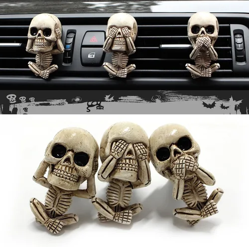 Vista 11 de Clips de ventilación de aire de coche con calavera, decoración interior gótica, accesorios de tablero de esqueleto de terror espeluznantes